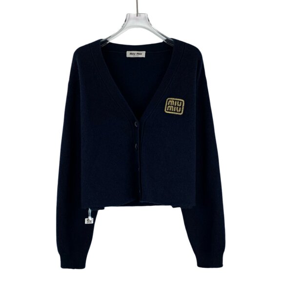 MiuMiu 23 models Navy blue logo letter embroidered cashmere V-neck single-breast